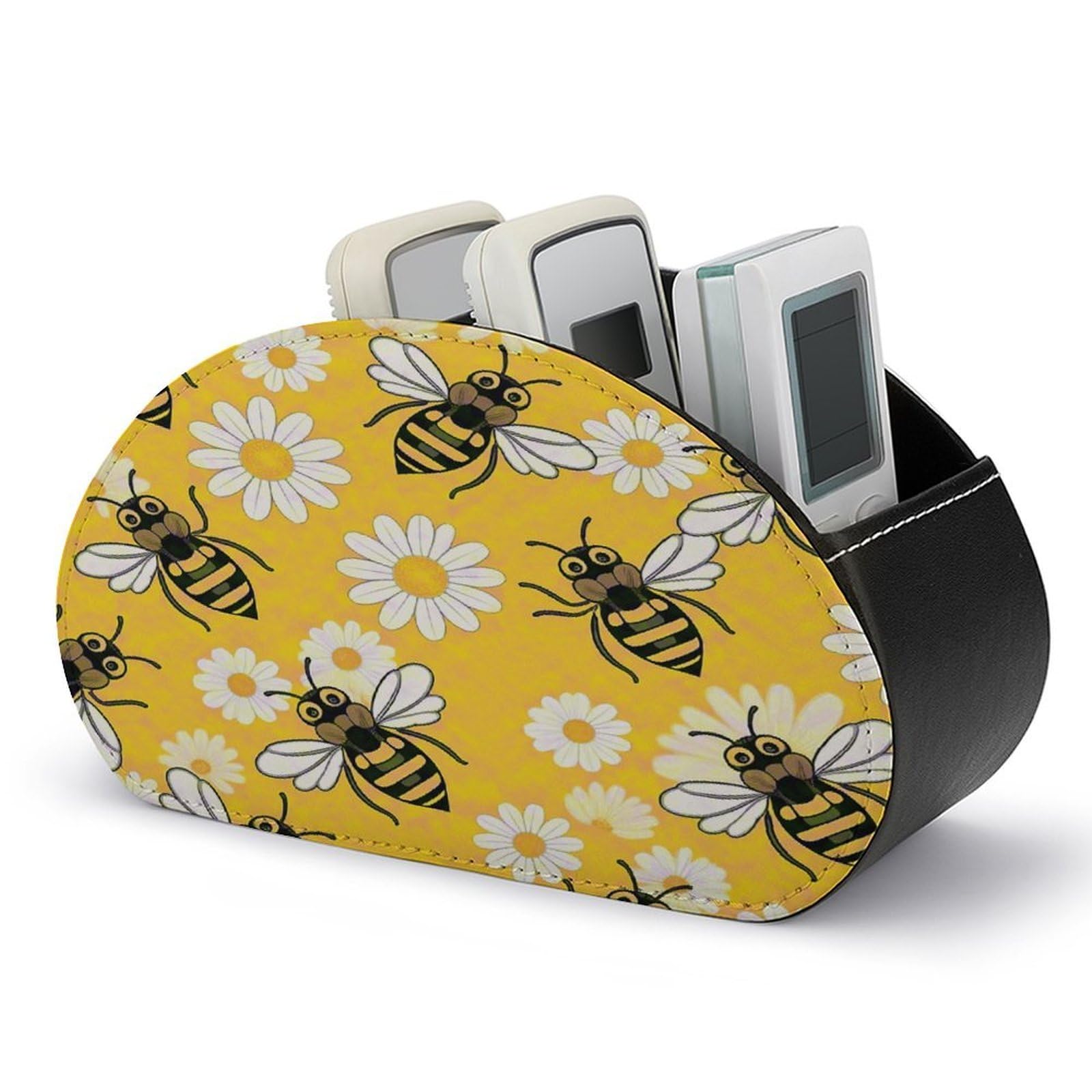 VstaDank Bee Daisy Pattern Remote Control Holder with 5 Compartments PU Leather TV Remoter Caddy Desktop Organizer TV Remote Holder Remote Box for Media Controllers Office Supplies