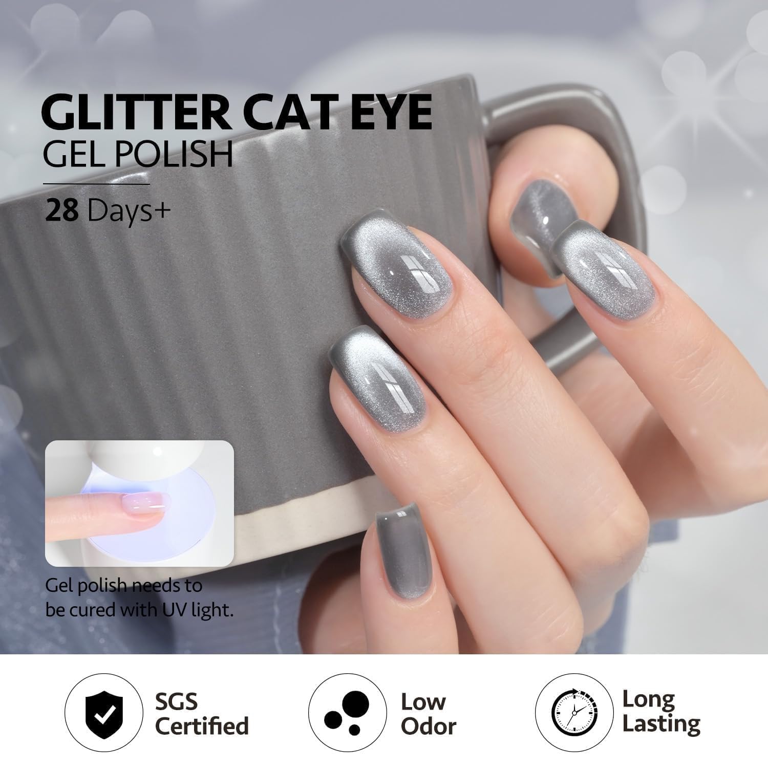Bolt Bee Cat Eye Gel Nail Polish with 5 in 1 Magnet Set, Magnetic Gel Polish, Silver, 9ml, Long-Lasting UV/LED Soak Off 4