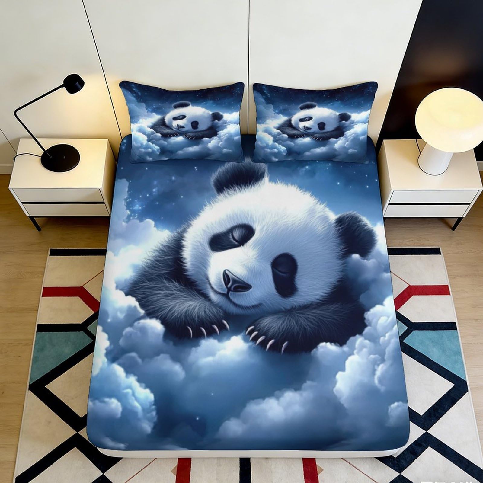 3D Printed Dreamy Panda Fitted Sheet Microfiber Soft Washable Cloud Sky Mattress Cover Bedroom Dorm Decor 90x200x25cm