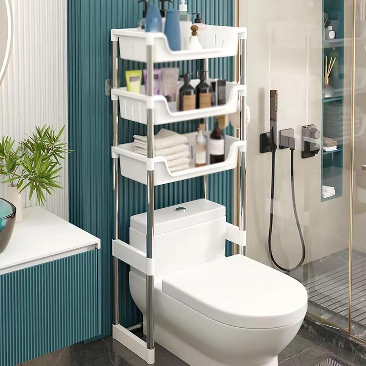 Organizador de estantes para baño sobre el Inodoro, Estante Independiente Que Ahorra Espacio con Ganchos, solución de Almacenamiento compacta para Espacios pequeños, Estante Multifuncional p
