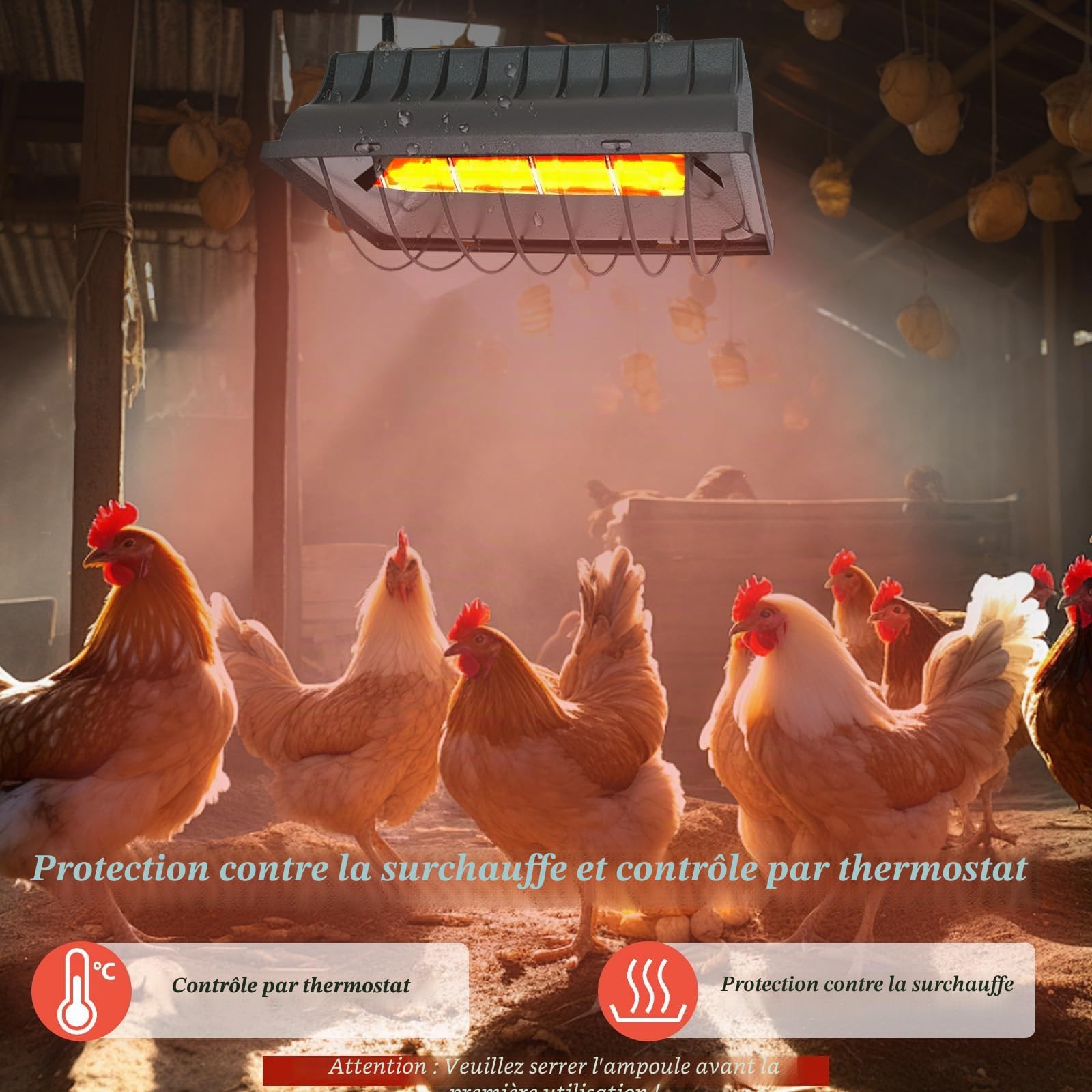 Chauffant Poussin, 250W Chauffage Pour Poulailler avec interrupteur économique, câble d'alimentation 1.8m, lampe infrarouge thermostatique automatique pour poulets, canards, chiots, animaux d'élevage