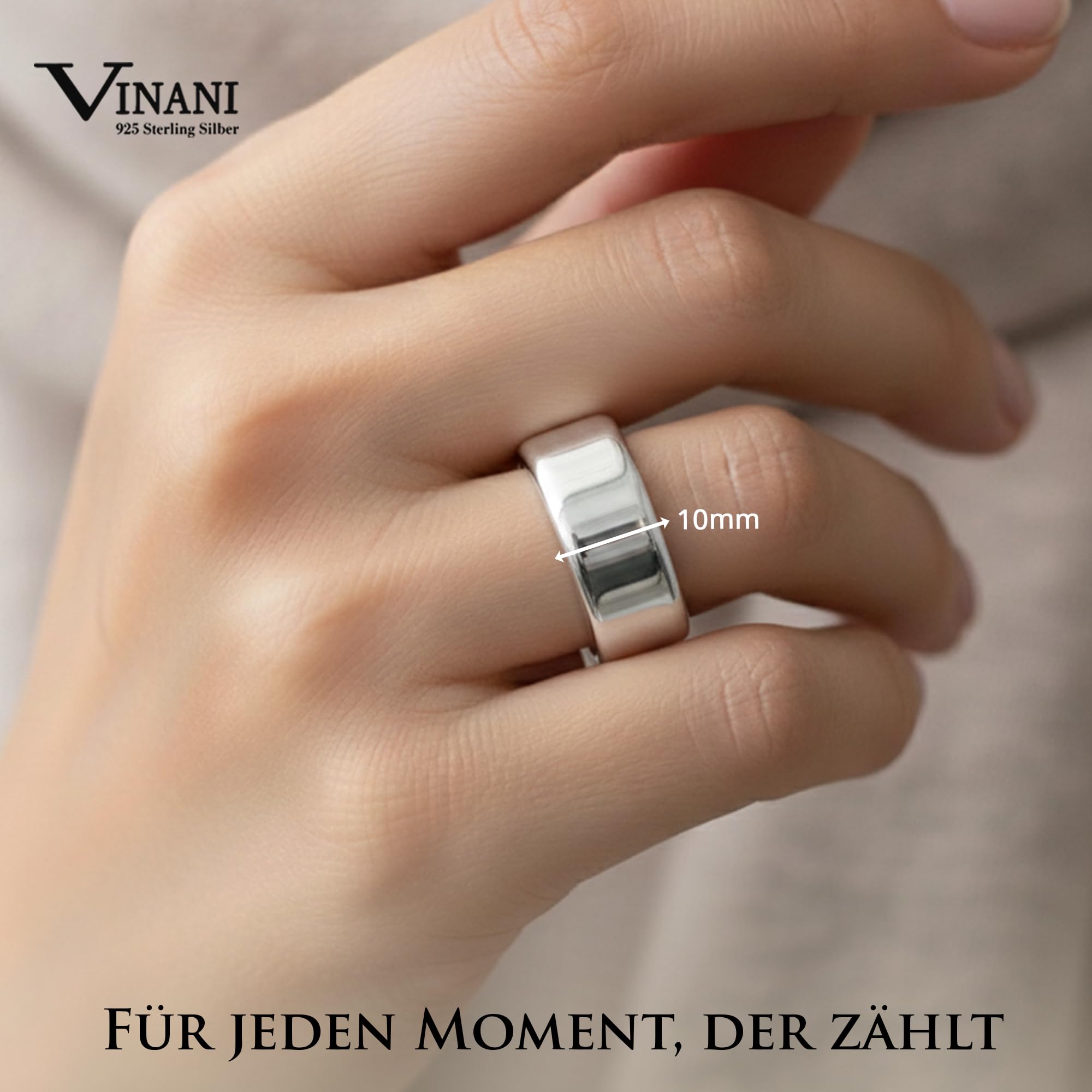 Vinani Ring aus 925 Sterling Silber - Breiter Damenring massiv schlicht glänzend für Frauen, nickelfrei & antiallergisch, Designed in Deutschland, REG