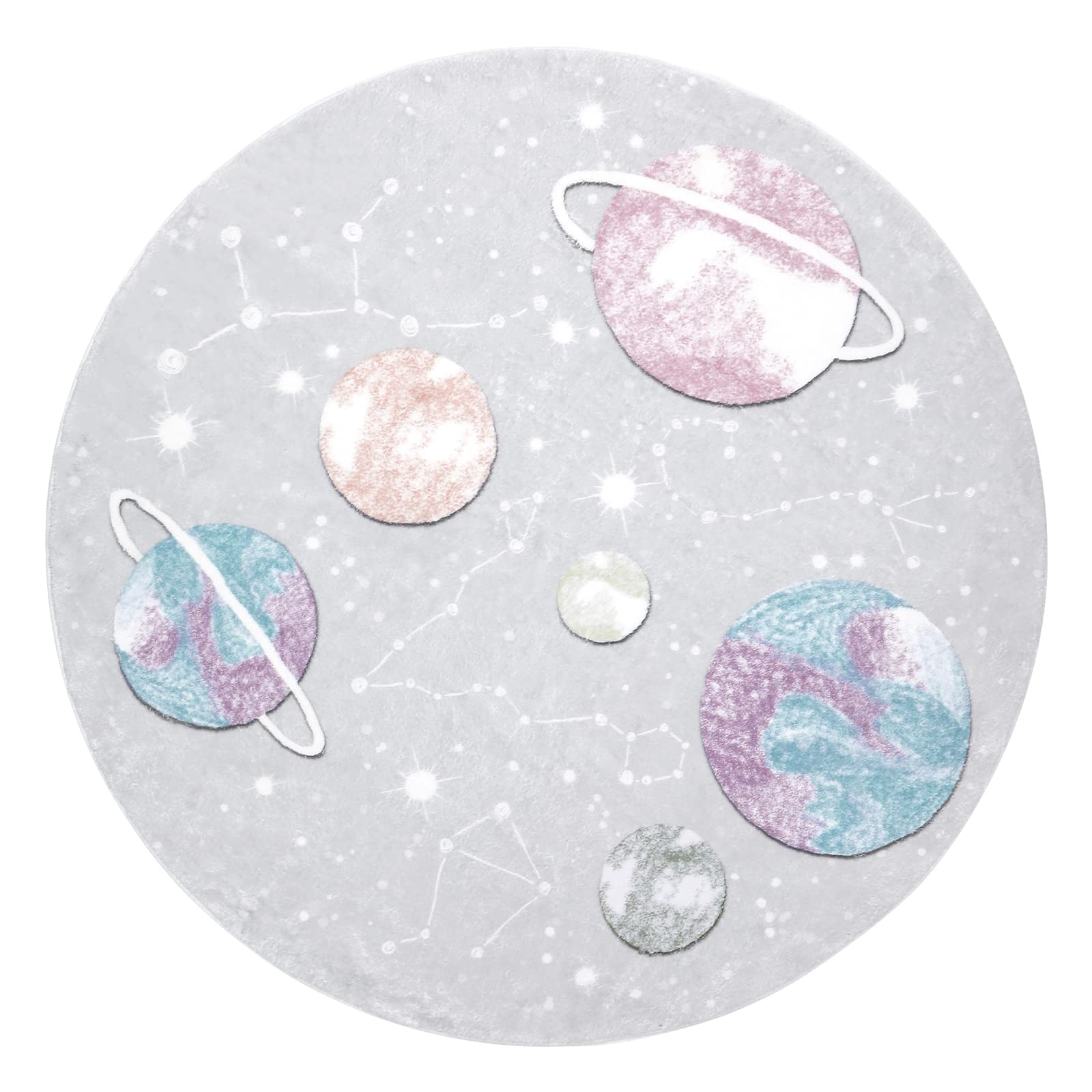TopotdorRound Space Galaxy Planet Rug,47in Stars Starry Kids Collection Rug Soft Non-Shedding Machine Washable for Nursery Playroom Bedroom (47in, Grey)