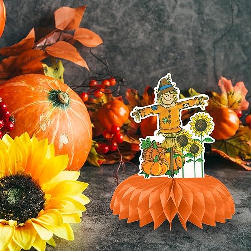 Vista 4 de Centros de mesa de Acción de Gracias, Happy FAL Ya'll 3D Honeycomb Centros de mesa de cosecha, gnomos, calabaza, naranja, letrero de otoño