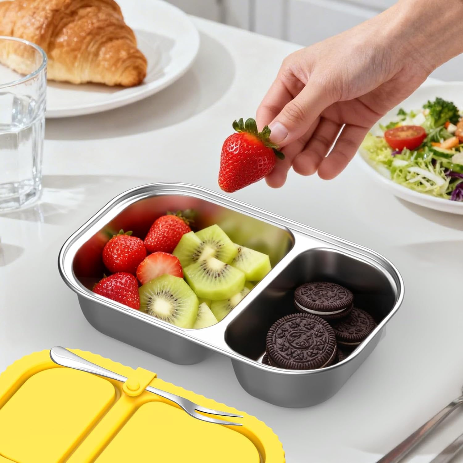 Stainless Steel Snack Containers with Silicone Lids, 2 Pack Reusable 2 Compartment Food Storage Containers, Snackle Box Container Leak-Proof Metal Bento Lunch Box for School, Travel, Home - Image 3