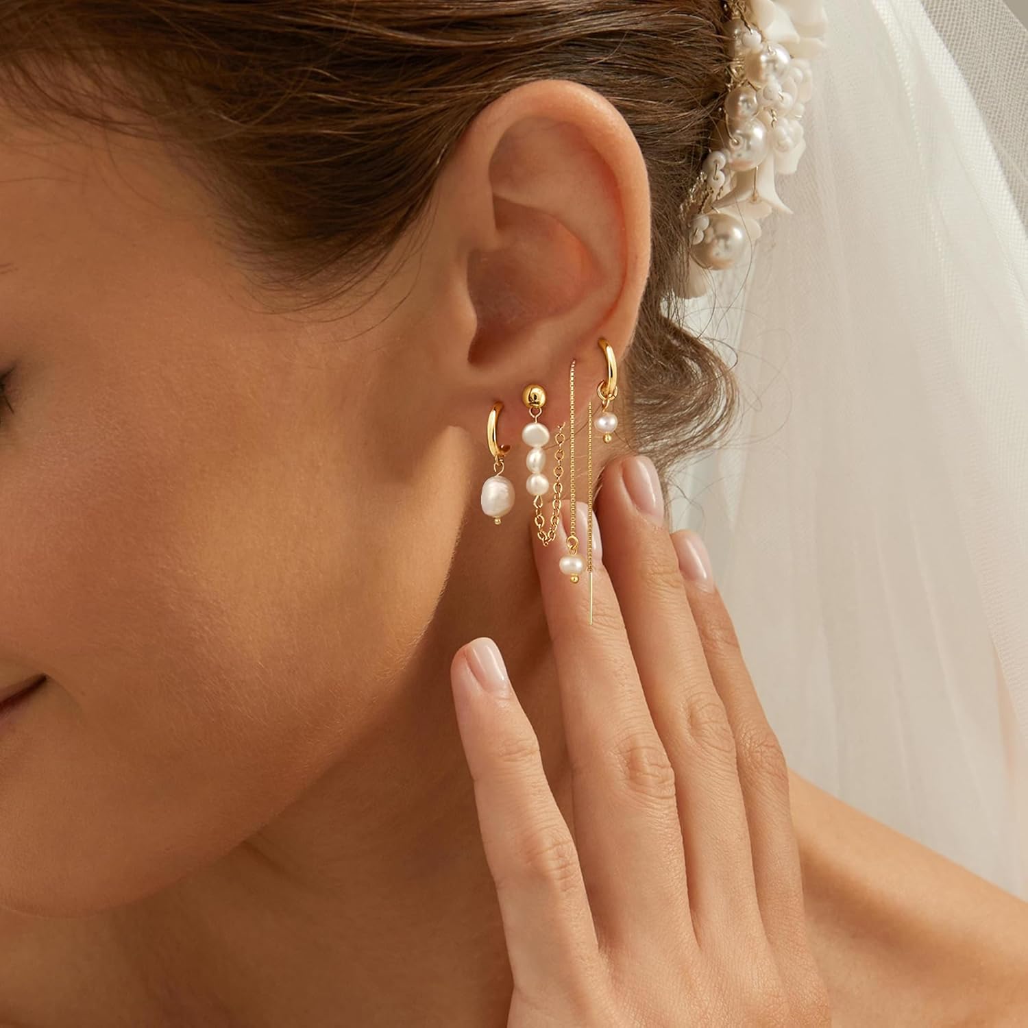 Pearl Earring Stacks for Women – Dainty 14K Gold Plated Hypoallergenic Hoop & Dangle Earrings Set - Image 2