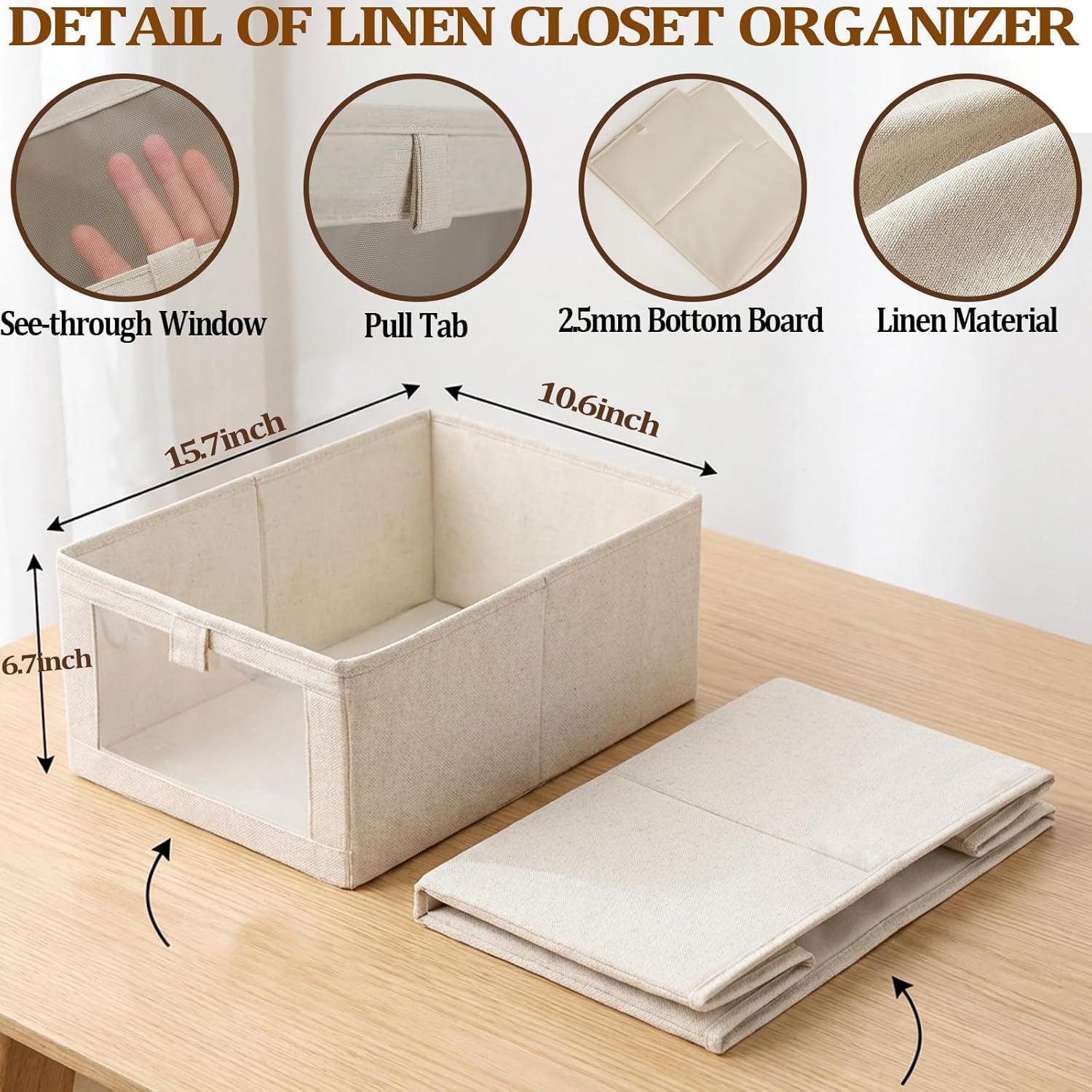 4 Pack Linen Closet Organizers with Clear Window, Foldable Storage Bins Baskets for Clothing Towels Blankets, Breathable Fabric Storage Boxes for Home Bedroom Office, Beige