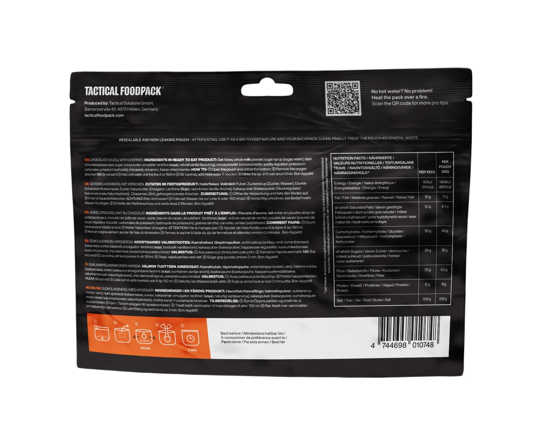 Muesli con Chocolate y Cerezas 125g – Tactical Foodpack – Desayuno Liofilizado Natural – Comida Outdoor, Camping, Supervivencia y Emergencia – 468 kcal