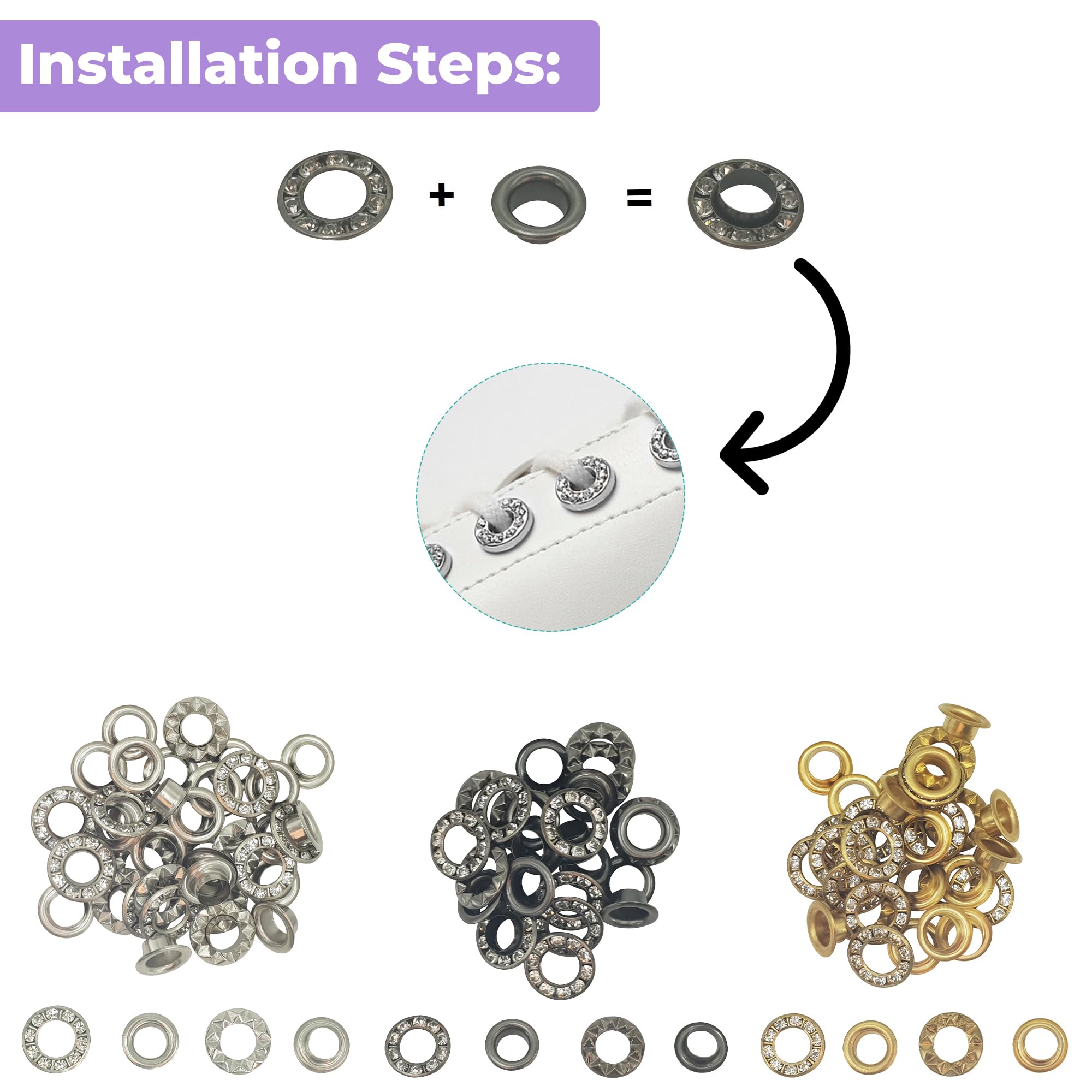 Event Decor Shop Occhielli per pelle, set di occhielli e fustelle da 6 mm, 150 pezzi, oro, argento, canna di fucile, occhielli con strumenti di fissaggio per macchine verdi, borse, abbigliamento, fai