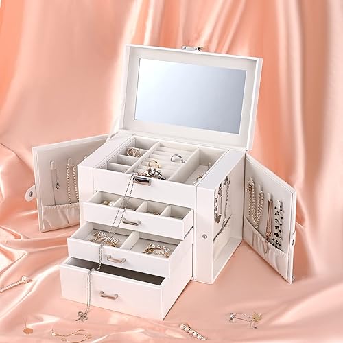 Miniatura 5 de Joyero grande de cuero de 4 capas con cajones y espejo para almacenamiento de collares, anillos, aretes, relojes (blanco)