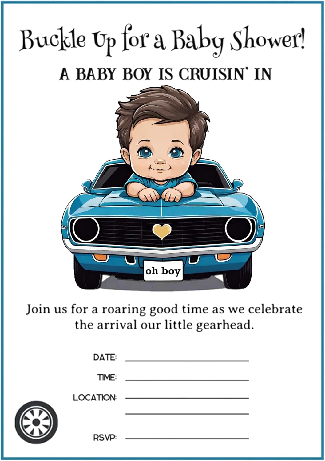 Classic Boy Blue Race Car Baby Shower Invitation Bundle: 20 Fill-In Invitations, Baby Book & Diaper Raffle Tickets