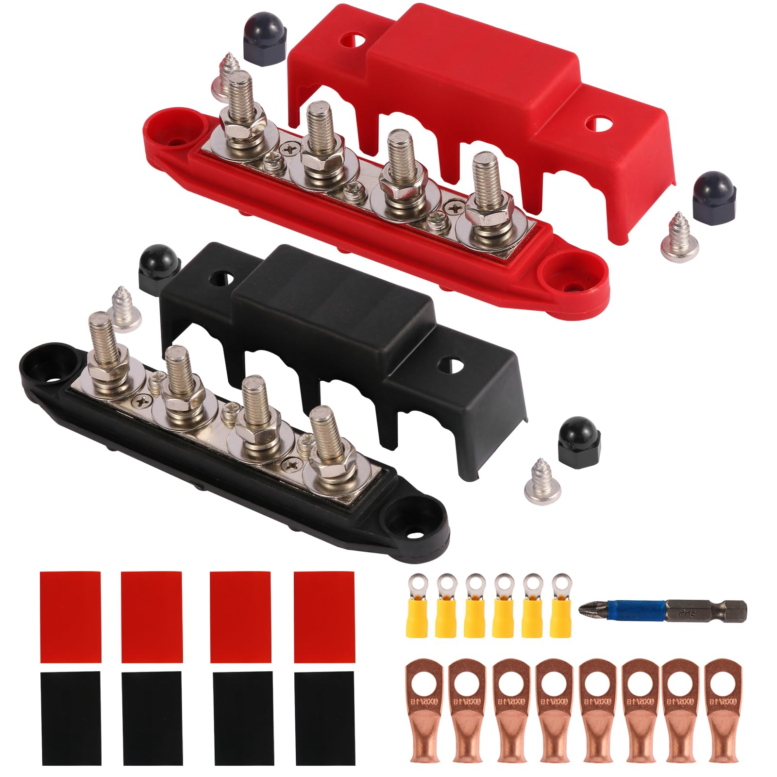2 piezas 12V-48V DC Busbar bloque de distribución 250A BusBar con 4 x M8 pernos terminales, fácil de utilizar bloque de distribución de energía para RV Yate Barco (Negro Rojo)
