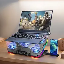 Cooler Notebook Profissional com 5 Ventiladores RGB, Base Refrigerada para Notebook 9-17“ – Suporte Ajustável 5 Ângulos, Controle Touch HD, Material ABS + Alumínio – Operação Silenciosa (26-30 dB)