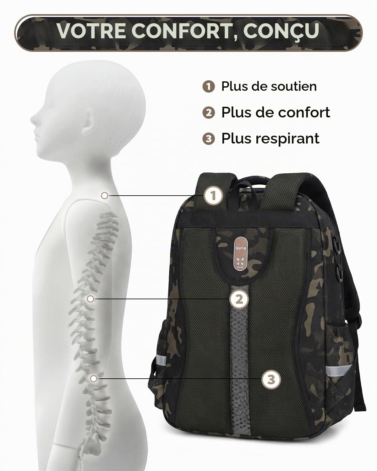 Amythe Cartable Garçon Primaire CE2 CM1 CM2, Camouflage Noir