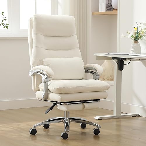 Silla de oficina con reposapiés, silla ejecutiva de respaldo alto con reposabrazos acolchados, silla de escritorio reclinable con ruedas, silla