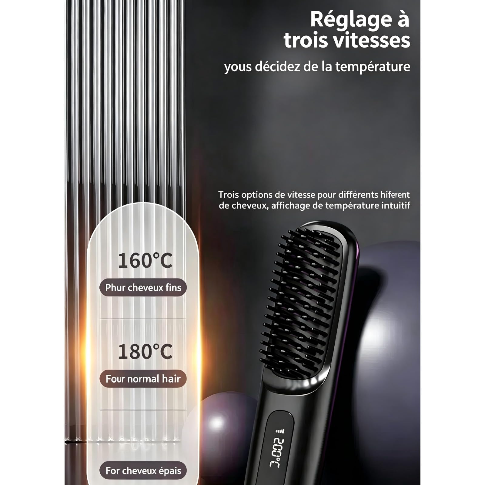 Olyviia Brosse à Lisser Rechargeable Portable, Brosse Cheveux Court Brosse à Cheveux, Coiffante Avec Affichage LCD, Pour Coiffage Quotidien & Voyage (Noir)