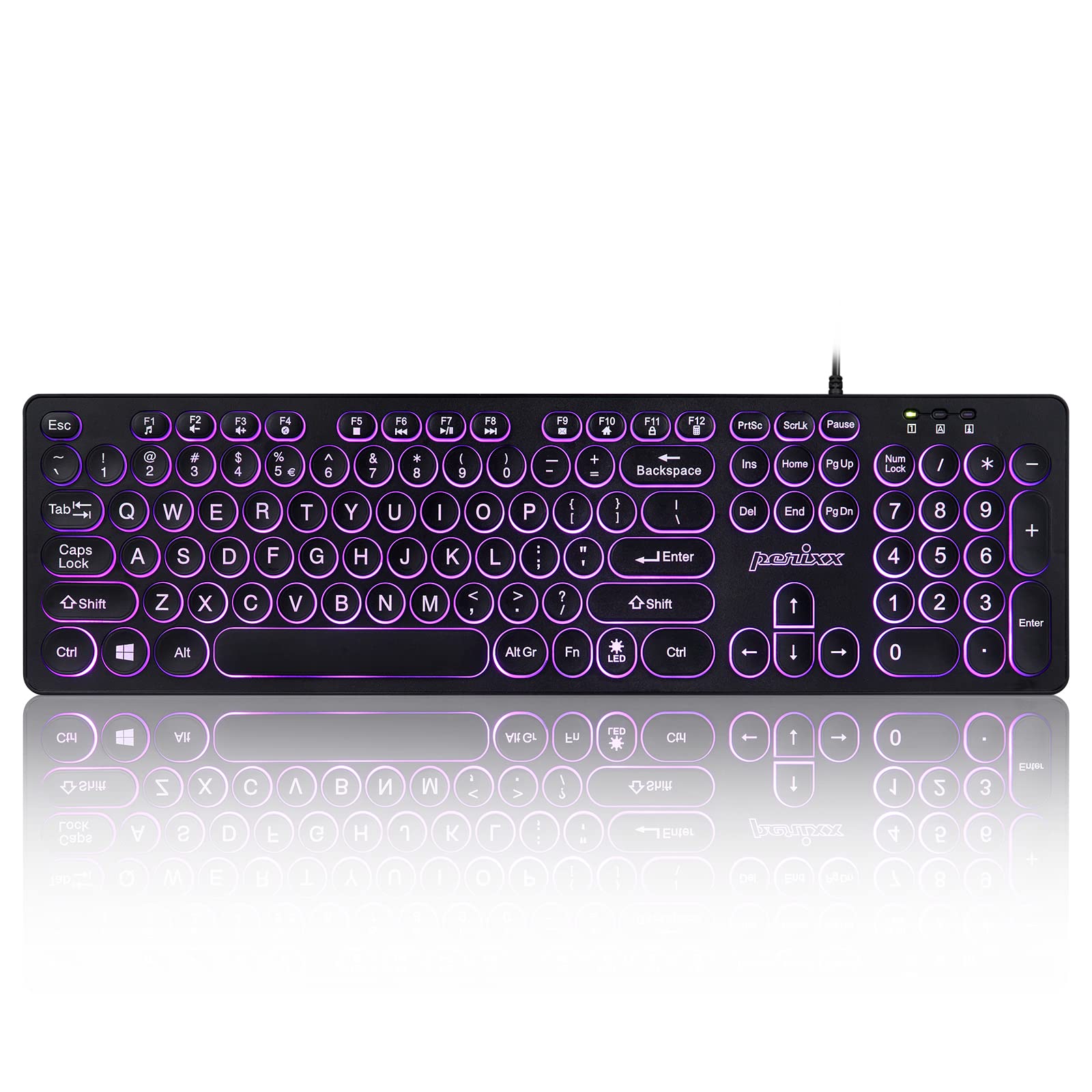 Perixx PERIBOARD-317R Wired Backlit USB Keyboard - Big Print Letter - Tri-Color Illuminated LED - Stylish Round Keycaps - US English retro