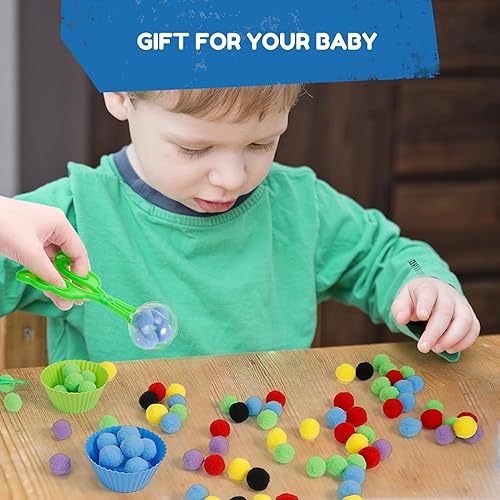 Miniatura 6 de 170 piezas de relleno sensorial de habilidades motoras finas que incluyen 12 cuencos de clasificación, 150 pompones, 6 pinzas, 2 tijeras para niños