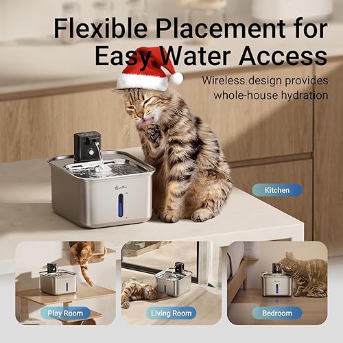 Miniatura 3 de DownyPaws Fuente de agua para gatos de acero inoxidable inalámbrica, fuente de agua inalámbrica FurSink de 101 oz3 L para gatos, fuentes para gatos