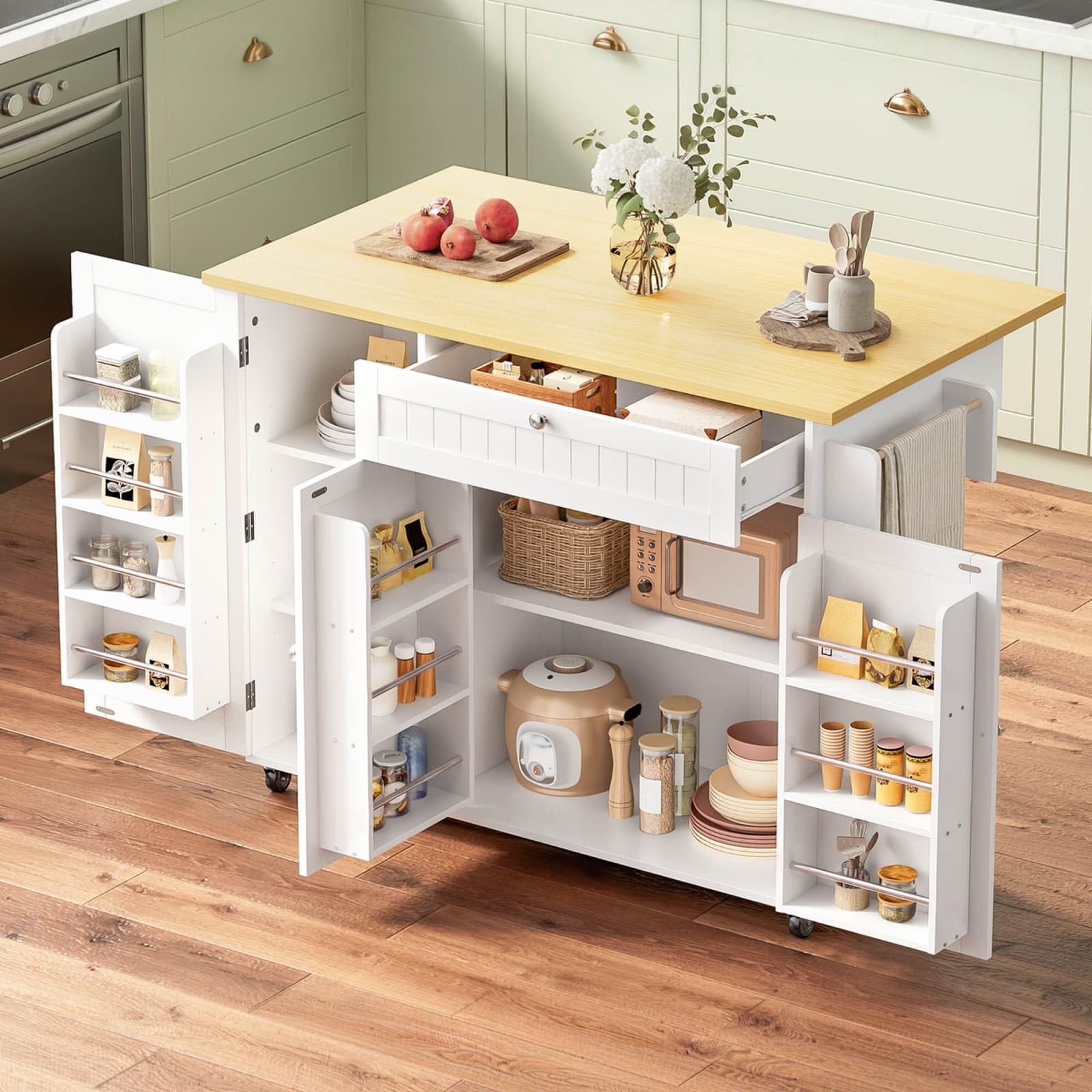 KOMHTOM Desserte de Cuisine à roulettes avec Plan Travail Rabattable Chariot Rangement Grand Tiroir Placard Blanc Bois(120cm Classique Blanc)