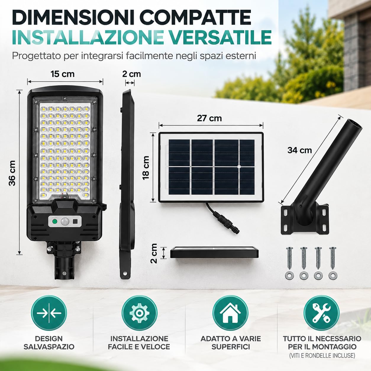 Lampione Solare LED Esterno 2000W con Pannello Solare Separato, Faro Solare da Esterno IP67 con Telecomando e Sensore Crepuscolare, Staffa per Parete, Luce per Giardino Cortile Garage