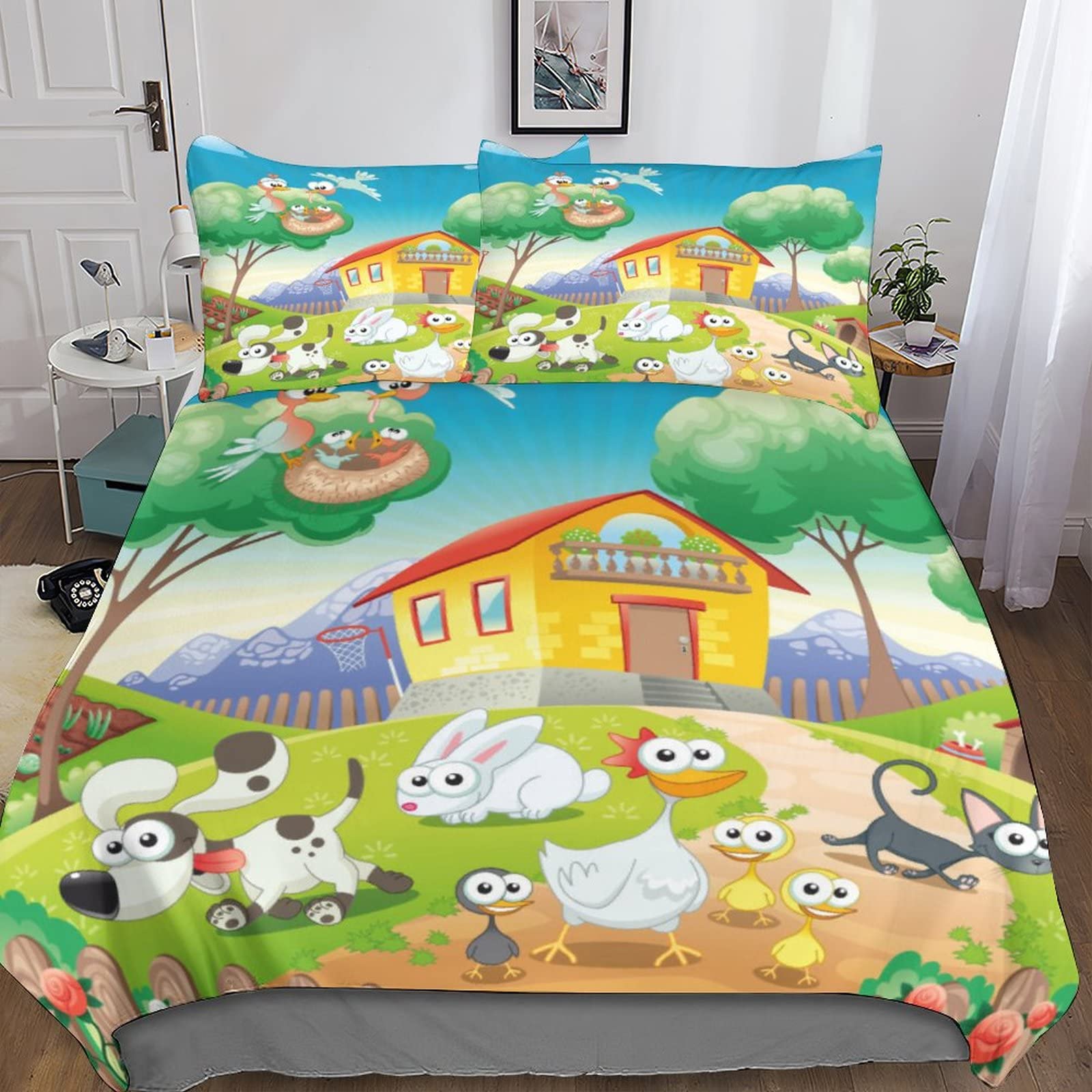 Housse de couette 3D dessin animé double 200x200 cm avec taie d'oreiller en microfibres
