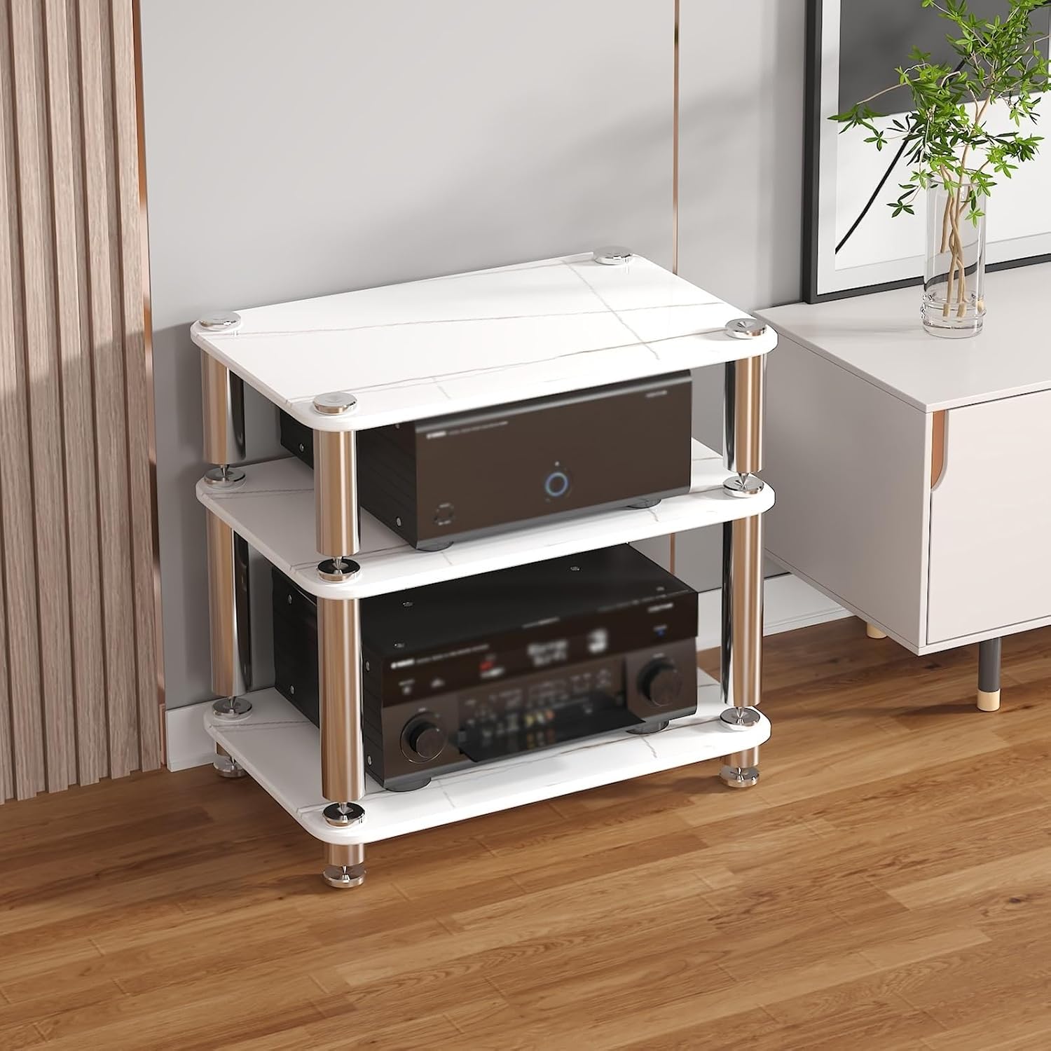 Media Shelf Audio-Video Shelving & Media Rack with Precision Vibration Dampening Spikes, 1/2/3/4 Tier AV Video Media Rack Stand, for Living Room Office(White,3 Layer)