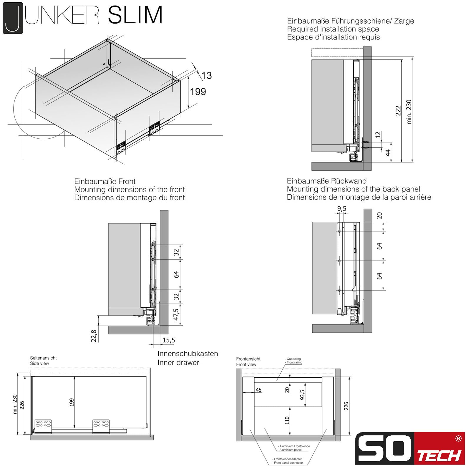SOTECH Sistema di cassetti JUNKER SLIM con Push to Open (antracite, altezza 199 mm, profondità 450 mm, portata fino a 35 kg) cassetto con telai da 13 mm