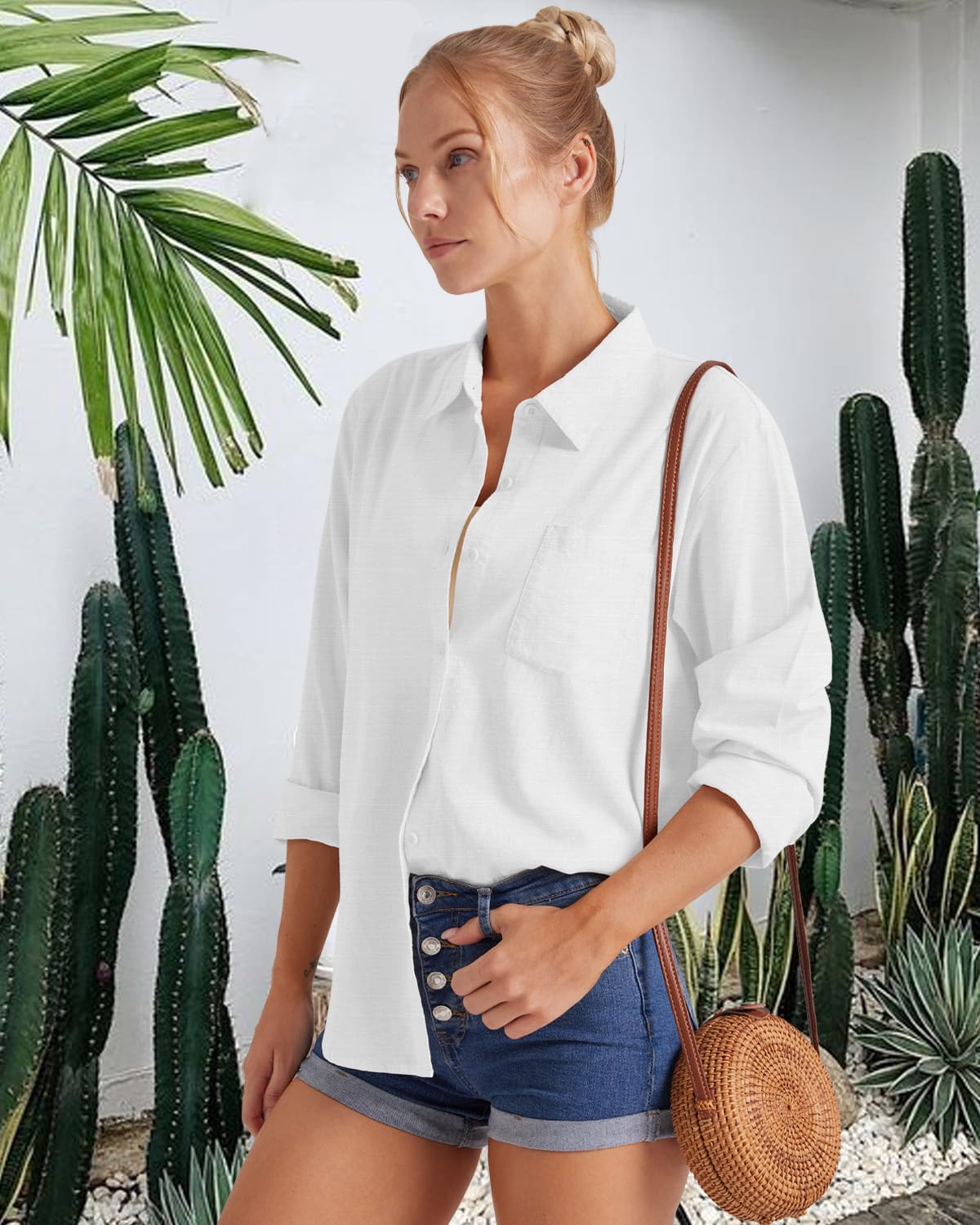 Friptspyg Bluse Damen Lässiges Langarm Hemdbluse Elegant Blusen & Tuniken für Damen V-Ausschnitt 100% Baumwolle Solide Sommer Oberteile mit Tasche