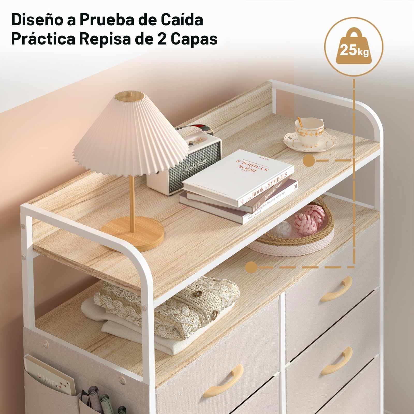 Cómoda, Cajonera de Tela con 8 Cajones de Tela, Cómoda de Tela, 4 Bolsillos Laterales, Estructura Metálica, para Sala de Estar, Pasillo, Beige