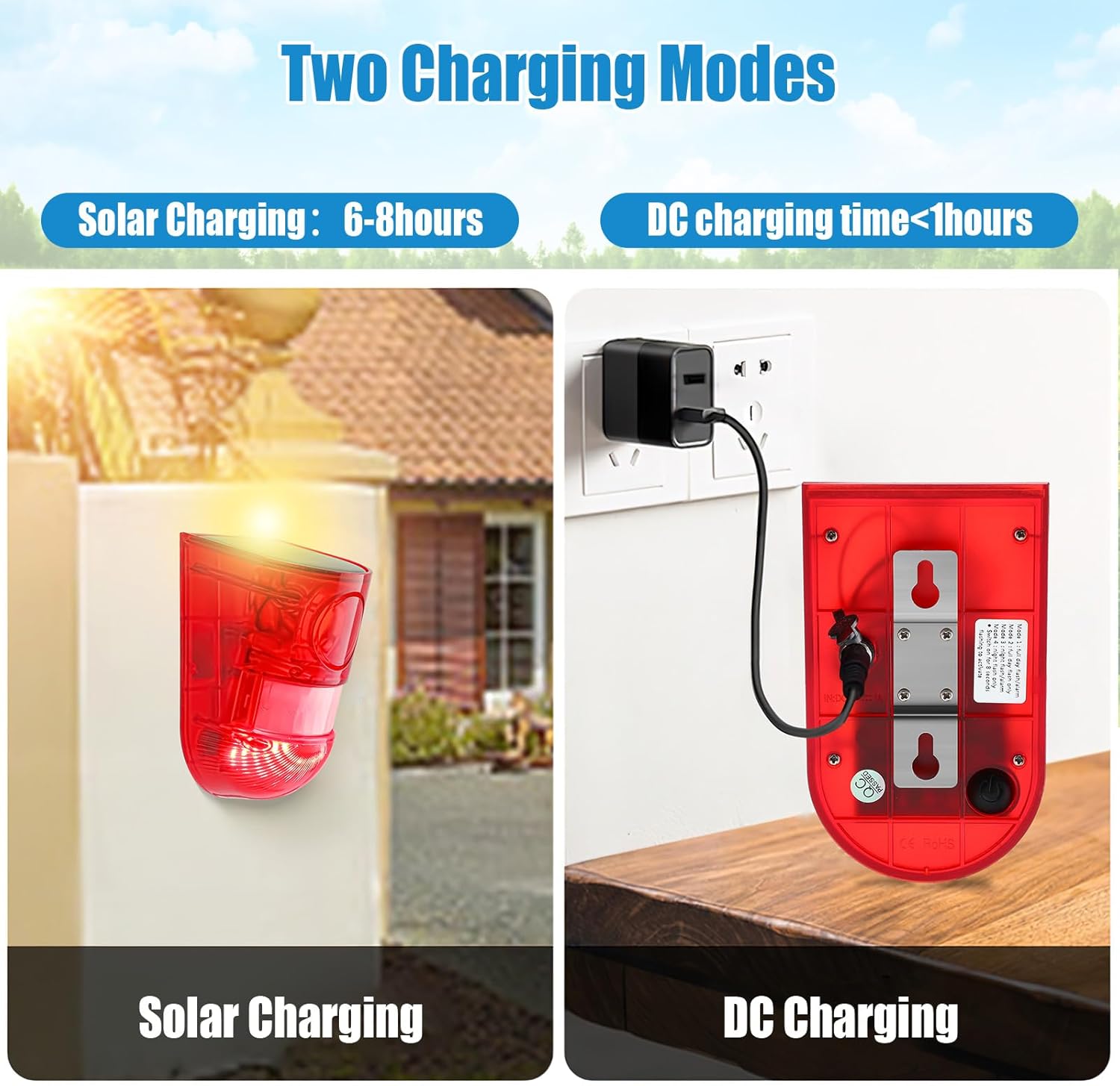 Qualirey Solar Sound and Light Alarm Motion Sensor 129db Outdoor Security Siren Waterproof Activated Detector Driveway Alarm 6 LEDs Flash Warning Deterrent Strobe System for Home, Farm(Red,2 Pack)