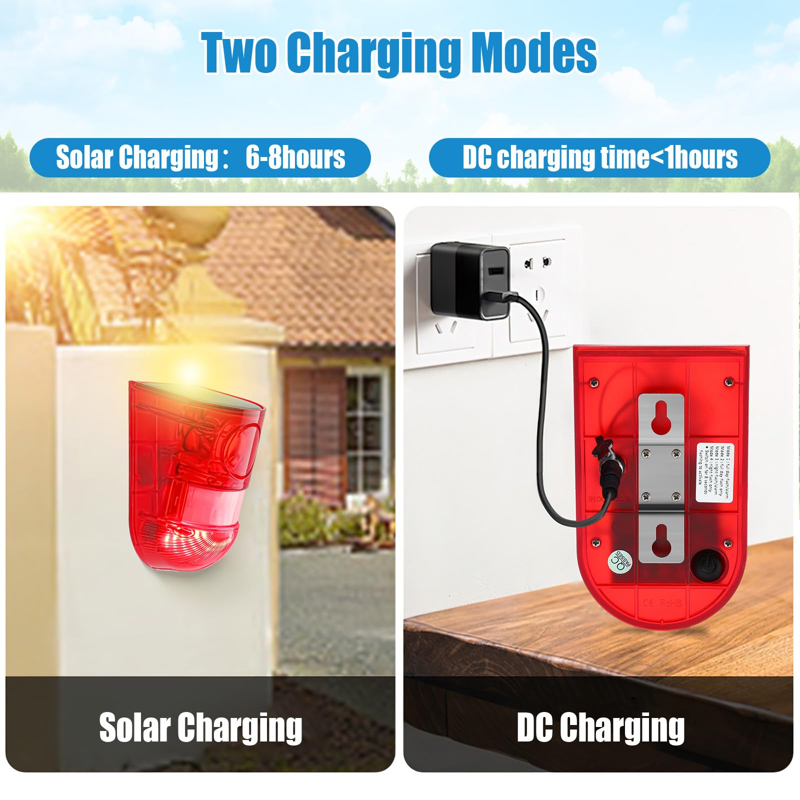 Qualirey Alarma solar de sonido y luz con sensor de movimiento, 129 dB, sirena de seguridad impermeable activada por movimiento, alarma con 6 LED, sistema de alarma estroboscópica de advertencia de