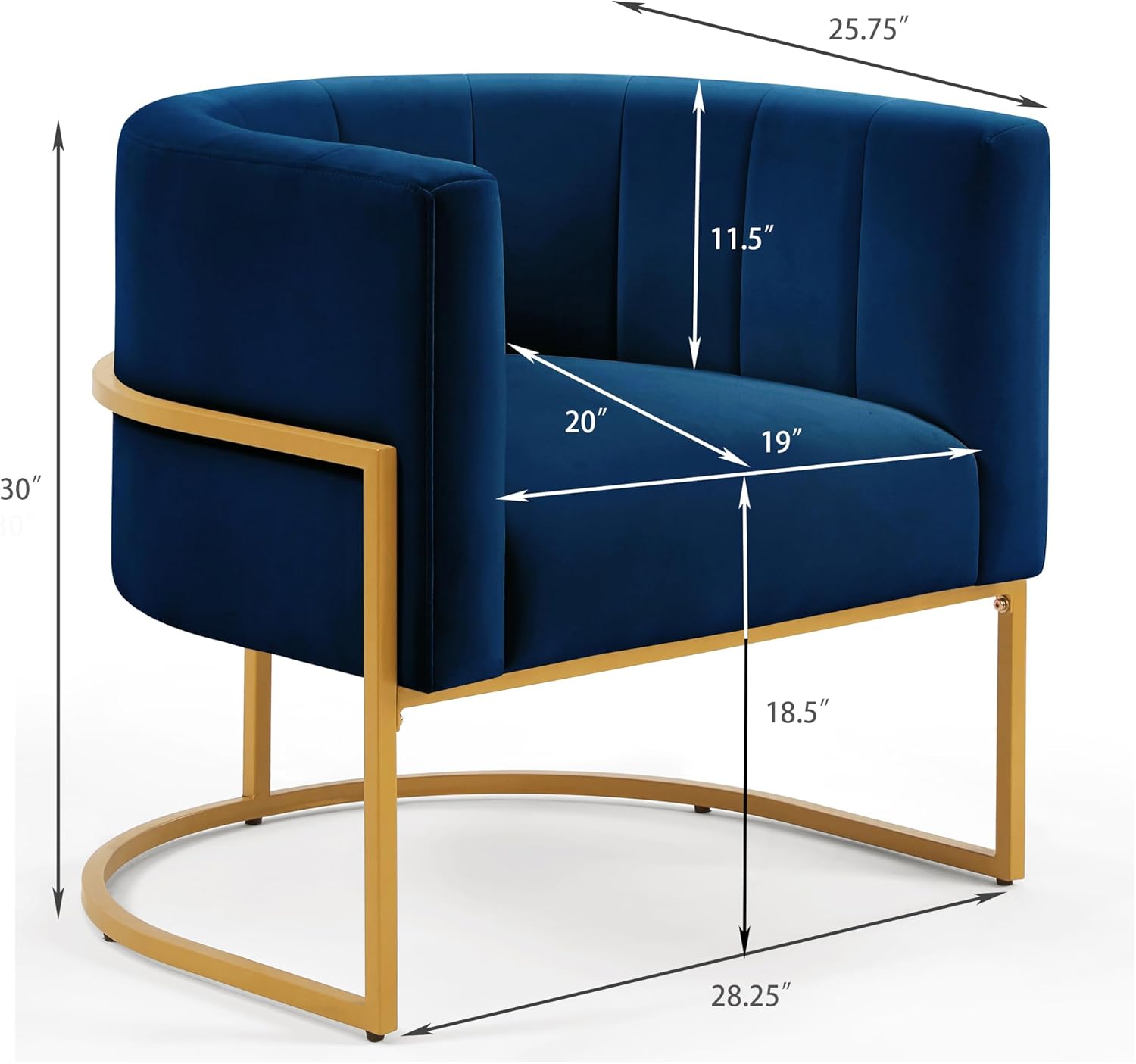 Curve Backrest Mid-Century Single Sofa Chair, Velvet Upholstered Accent Chair with U-Shaped Golden Base, Velvet Leisure Chair for Living Room, Office, 28.25" L x 25.75" W x 30" H (Blue)