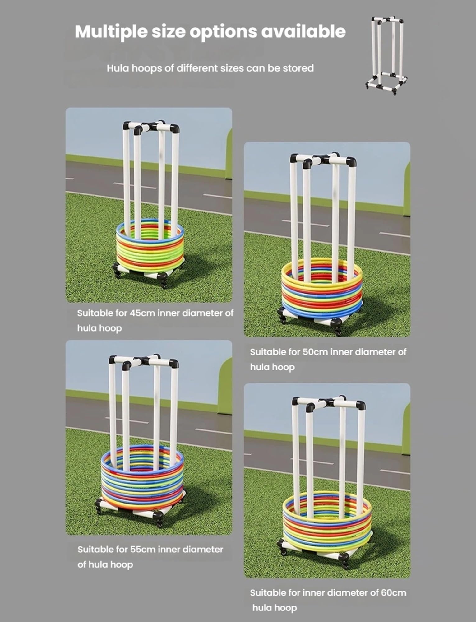 Generisch Fitness-Hoop-Standhalterungen, Hula-Hoop-Ausstellungsständer, Mobiler Gymnastikreifen-Organizer, Sportgerätewagen aus PVC for Hula-Hoop(45cm/17.72in)