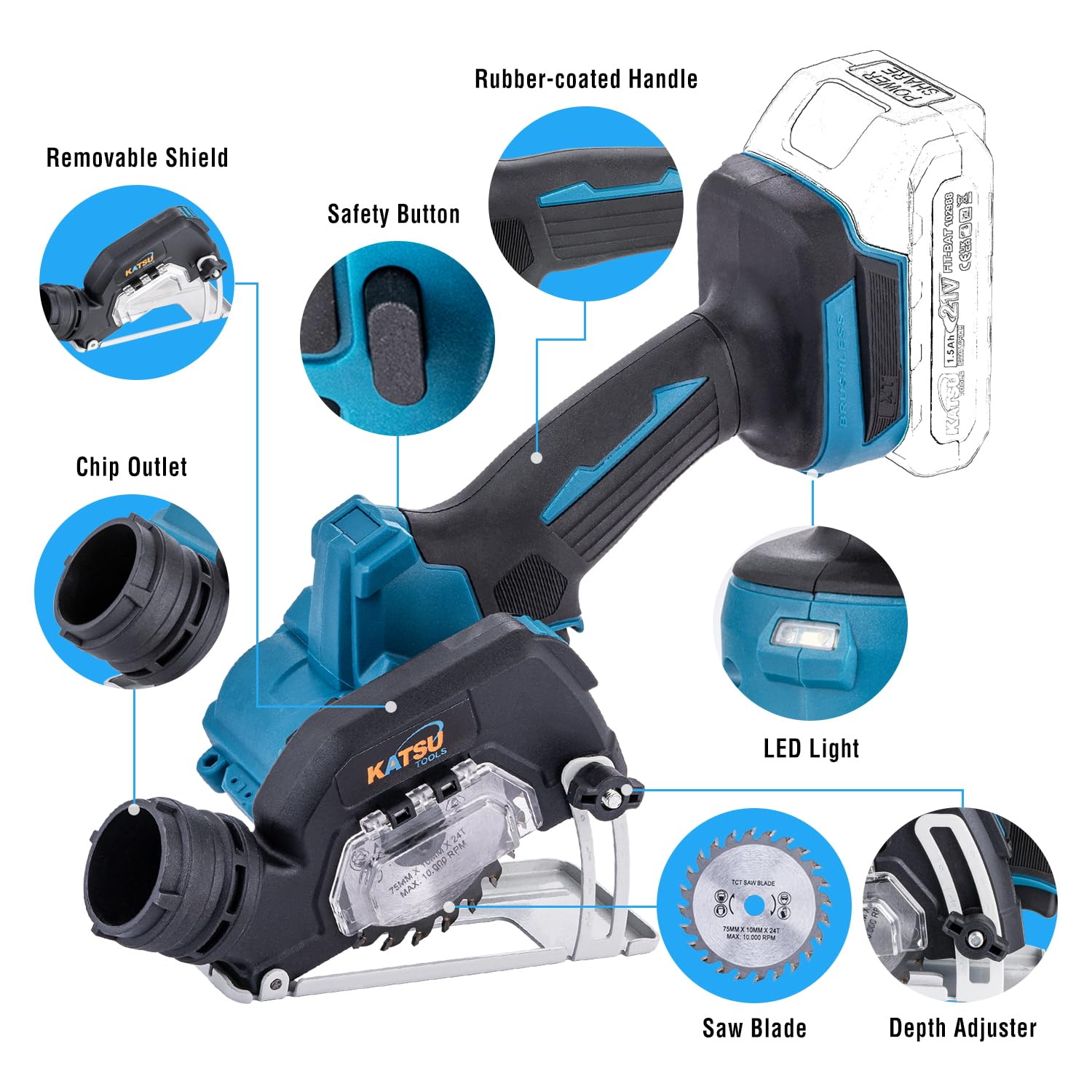KATSU FIT-BAT Mini Smerigliatrice Angolare 3" Brushless a Batteria, Utensile da Taglio Compatto, 6 Lame Incluse, per Metallo, Legno, Piastrelle e Plastica, Senza Batteria e Caricatore