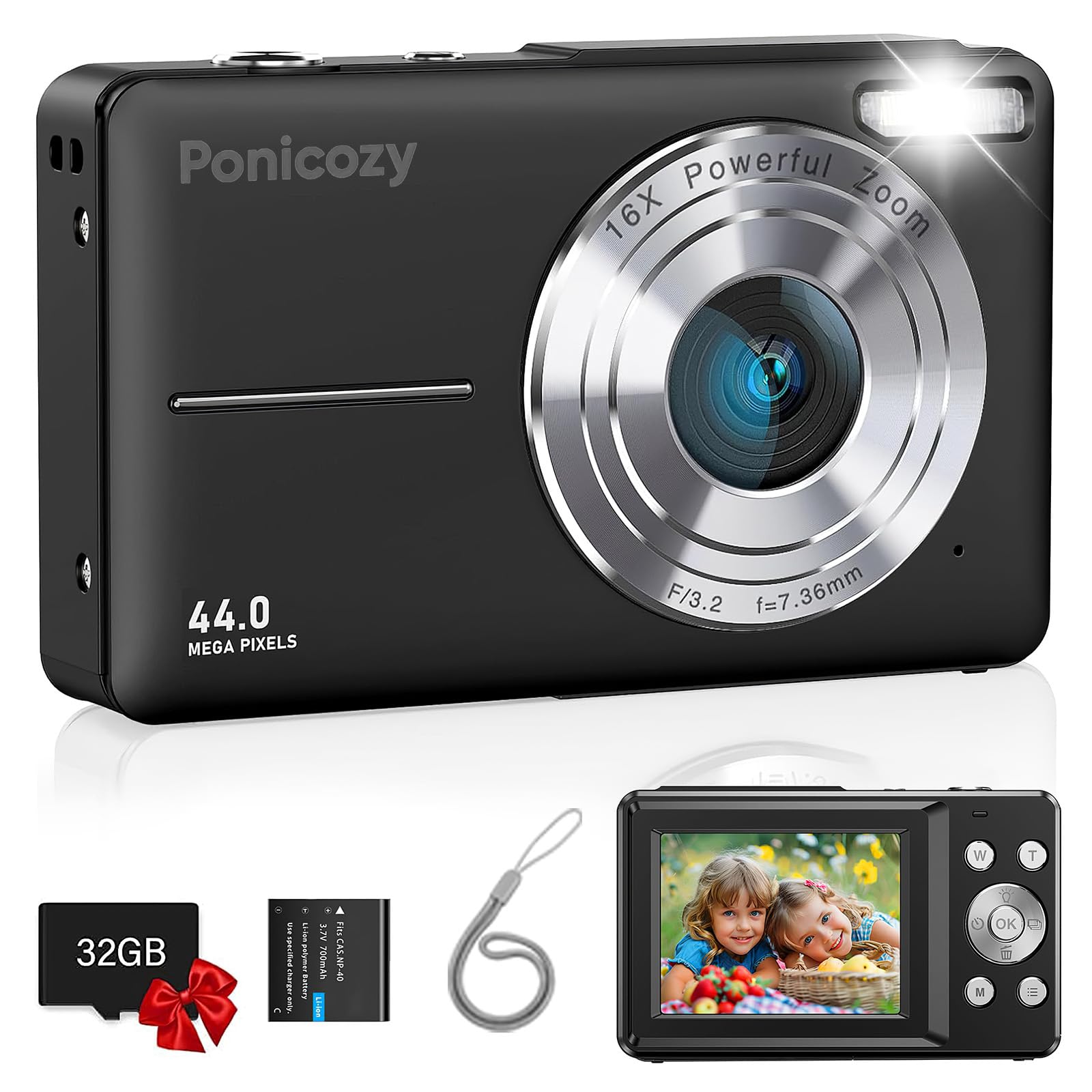 Ponicozy Digital Camera, 44MP FHD 1080P Video Camera for Kids, Digital Point and Shoot Camera with 32GB SD Card,16X Zoom Anti Shake, Compact Small Camera for Teens/Boys/Girls (Black)