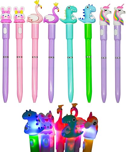 Maydahui 8 bolígrafos luminosos con luz LED de silicona, flamenco, unicornio, conejo, dinosaurio, bolígrafos iluminados para la escuela, oficina,