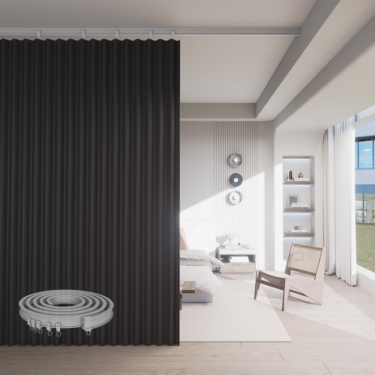 Room Divider Curtains, Blackout Curtains with Bendable Ceiling Curtain Track, Partition Room Dividers Extra Wide Thermal Insulated Soundproof Curtains Floor to Ceiling Curtains (Black, 100W X 96L)