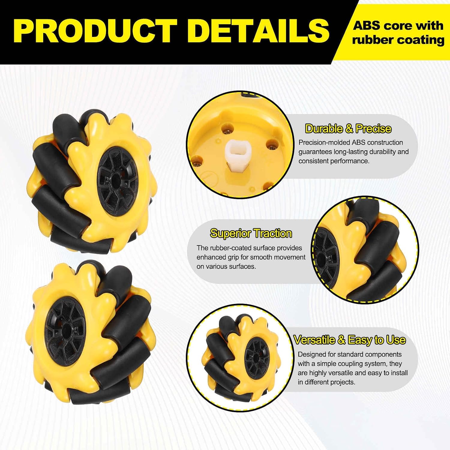 MECCANIXITY 2Pack Mecanum Wheels Set, 60mm / 2.36 ABS Rubber left and right Omnidirectional Wheels for Smart Robot Car Parts DIY Models Accessories, Yellow