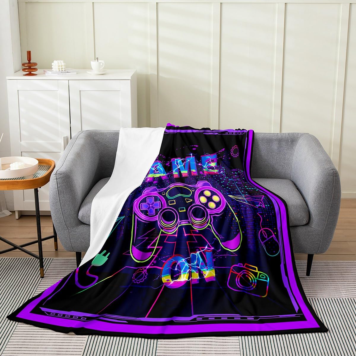 Loussiesd Gaming Plush Throw Blanket, Gamer Neon Purple Blue Flannel Fleece Blanket for Kids Hippie Graffiti Game Room Decor All Season,Bed Blanket Breathable Modern Gamepad Baby 30x40Inch — image 1