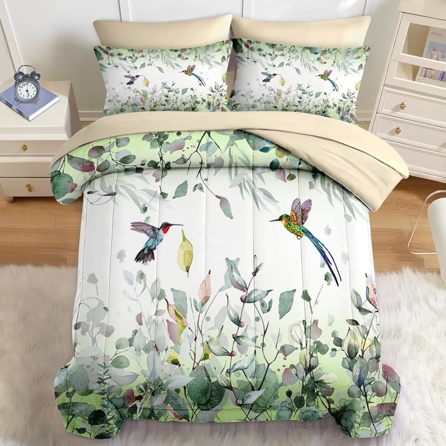 Nesker Spring Comforter Set Full Size, Hummingbird Greenery Leaf 7 Pcs Bedding for Kids and Adults, Watercolor Nature Bed Sheet Sets with Fitted Sheet 2 Pillowcases & 2 Shams
