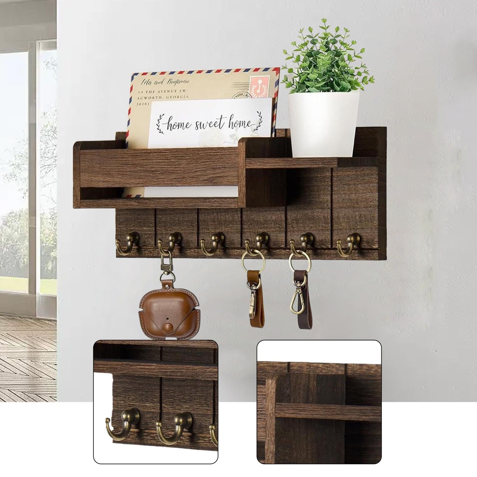 MERISHOPP Key Holder Wall Mount Rustic Wall Storage Shelf for Dorm Living Room Kitchen-image-30
