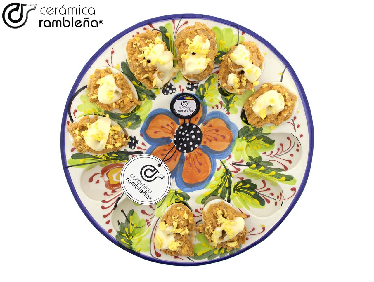 CÉRAMIQUE RAMBLAIGNE | Coquetier Amazon | Assiette à œufs farcis | Plateau en céramique | Modèle - M01 | Décoration 100 % faite à la main | 25,5 x 25,5 x 3 cm