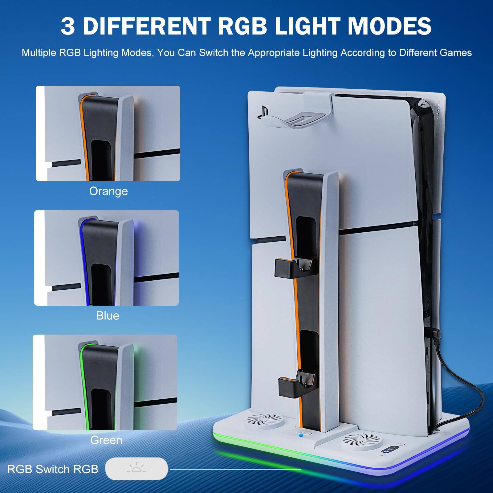 Supporto PS5 Slim con Ventola di Raffreddamento PS5 Slim Stazione di Raffreddamento Supporto con Controller di Ricarica Supporto per Cuffie Luce RGB per PlayStation5 Slim Digital e Disc Edition