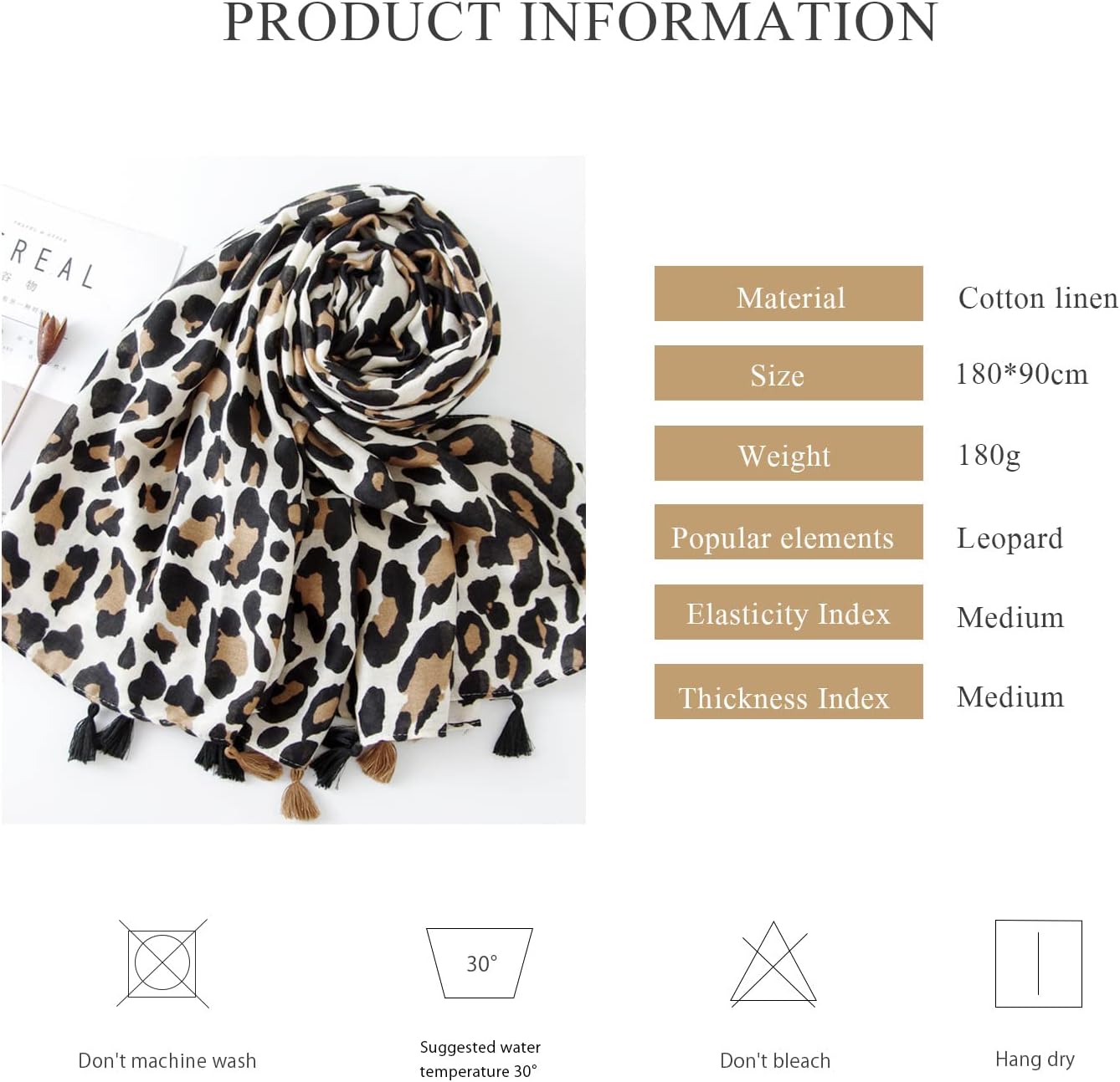 Women's Scarf Leopard Animal Print Classic Cotton Linen Scarves Tassels Long Warm Sunscreen Shawl Wrap All Season - Image 6