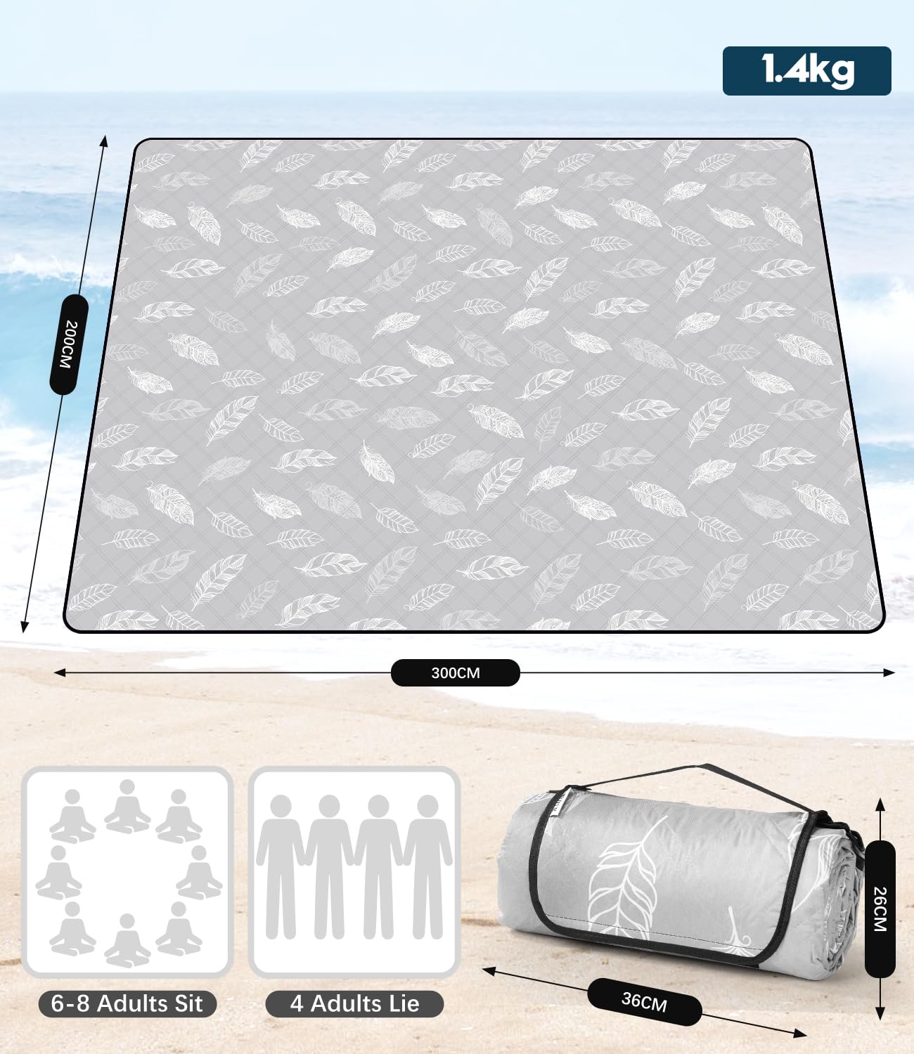 DEWUR Coperta Picnic Impermeabile Lavabile Plaid Pic Nic Telo Picnic Telo Campeggio (300 x 200 cm, Grigio)