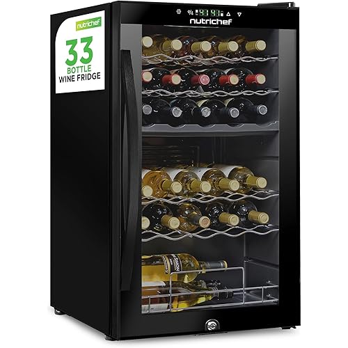 NutriChef PKCWCDS335.5 Chilling Refrigerator Cellar-Dual-Zone Wine Cooler/Chiller, Digital Touch Button Control with Air Tight Seal, Contains Placement for Standing (33 Bottle Storage Capacity), Black