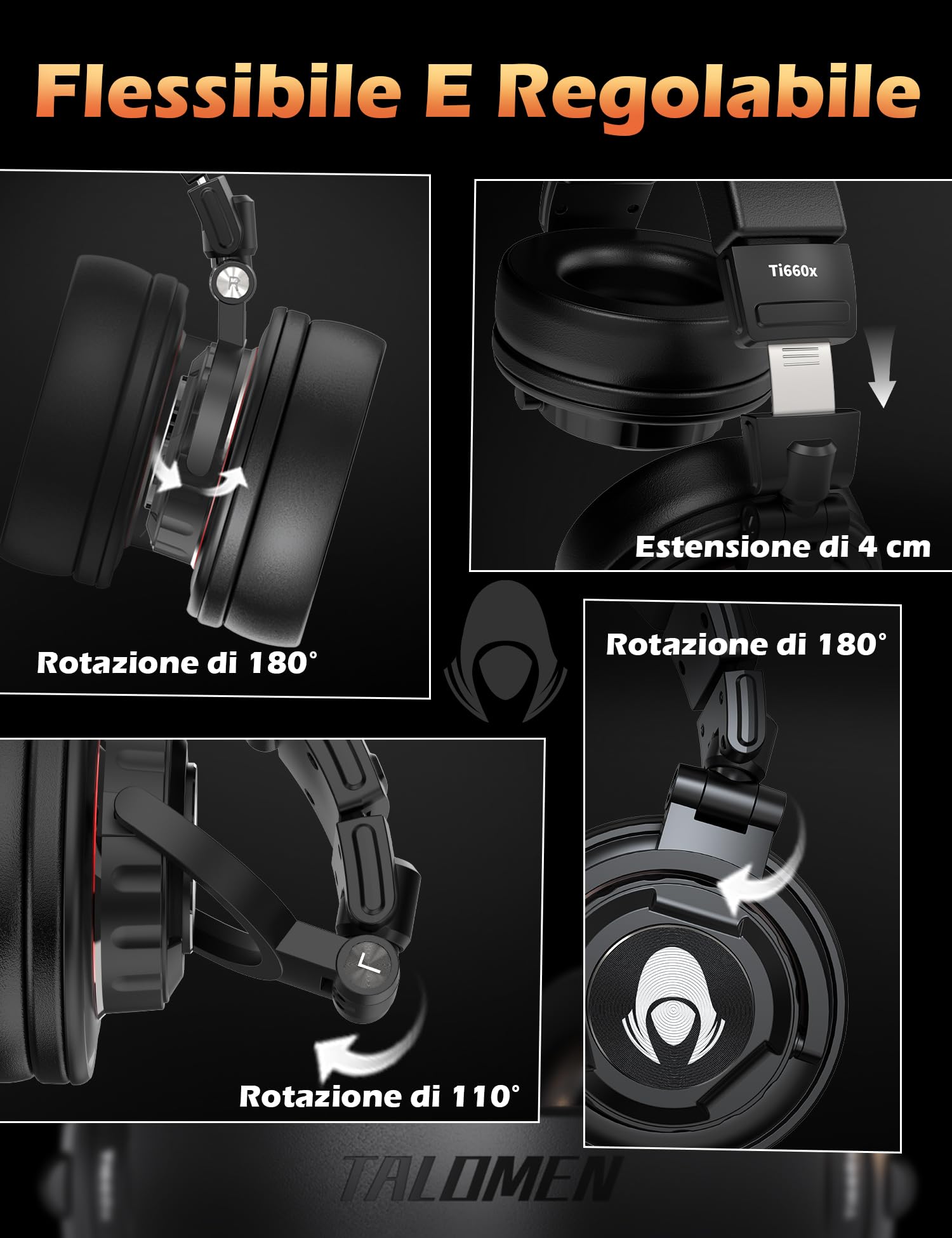 talomen TI660X cuffie con filo,cuffie over ear,Isolamento Acustico,Cuscinetti Auricolari Morbidi,Leggere e Pieghevoli,Cuffie per Registrazione,Mixaggio,Monitoraggio in Studio,DJ,Podcast,Cellulare,PC