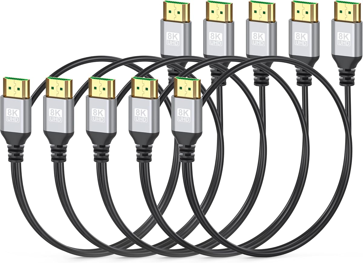 8K Slim HDMI Cables 3FT 5-Pack, 48Gbps Ultra High-Speed, HDMI 2.1 Cord Supports VRR, ALLM, eARC, HDCP2.3, Dolby Atmos & DTS:X, HDR10+ for TV, Monitor, Computer, Laptop, Projector, PS5, Xbox