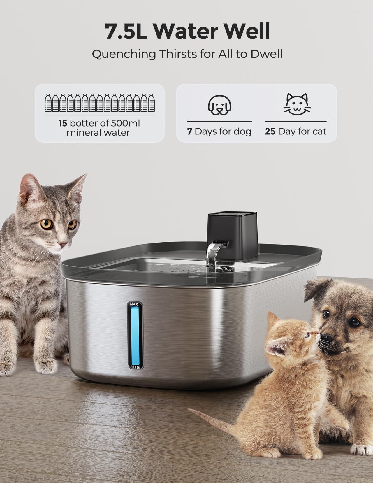 Wireless 7.5l/254oz/2Gal Dog Water Fountain for Large Dogs Stainless Steel, Quiet Pet & Cat Water Fountain with Motion Sensor, Automatic Water Dispenser for Dogs&Multi-Pet Homes Continuous Fresh Flow - image 6